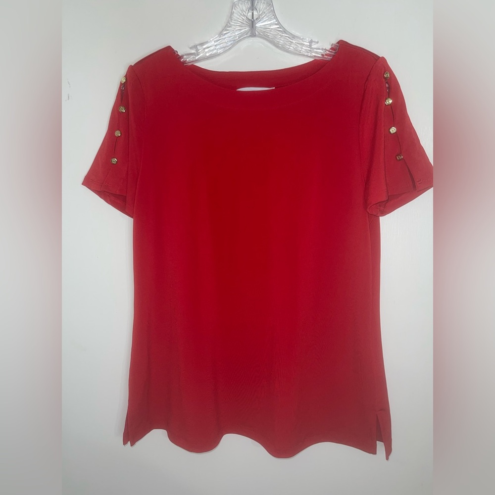 Liz Claiborne Red Short Sleeve Top with Gold Button Accents